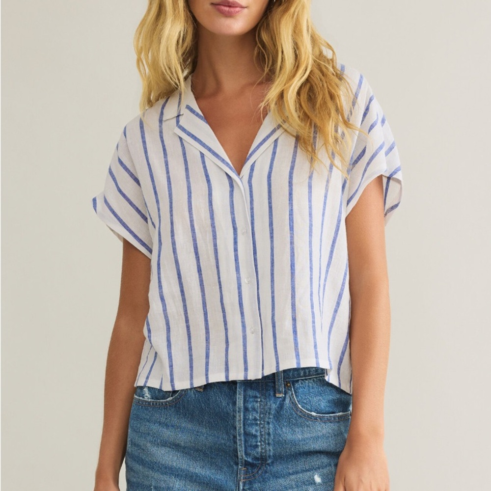 Z Supply Blue and White Striped Short Sleeve Button Down